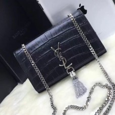 YSL Tassel Chain Bag 22cm Kroko Schwarz Silber
