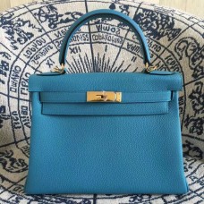 Hermes Kelly 28cm Tasche Togo Leder Blau Gold