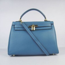 Hermes Kelly 32cm Togo Lederhandtasche blau/golden