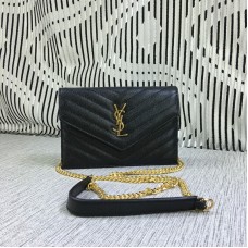 YSL Kleine Umschlagtasche mit Kette Kaviarleder Schwarz 19cm