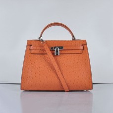 Hermes Kelly 32cm Straußenvene 6108 Orange Silber