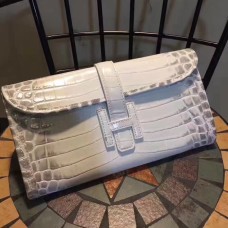 Hermes Jige Clutch 29cm Kroko Weiß Grau