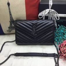 YSL Umschlagtasche Kaviarleder Schwarz Gunmetal Kette 23cm