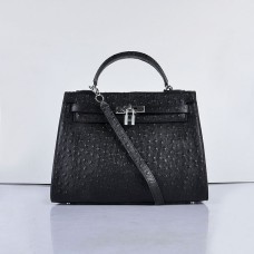 Hermes Kelly 32cm Straußenvene 6108 Schwarz Silber