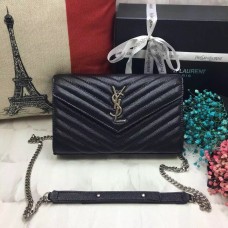 YSL Umschlagtasche Kaviarleder Schwarz Silberkette 23cm